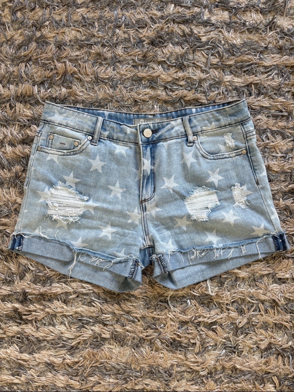 Tractr Light Blue Star-Print Distressed Denim Cotton Shorts